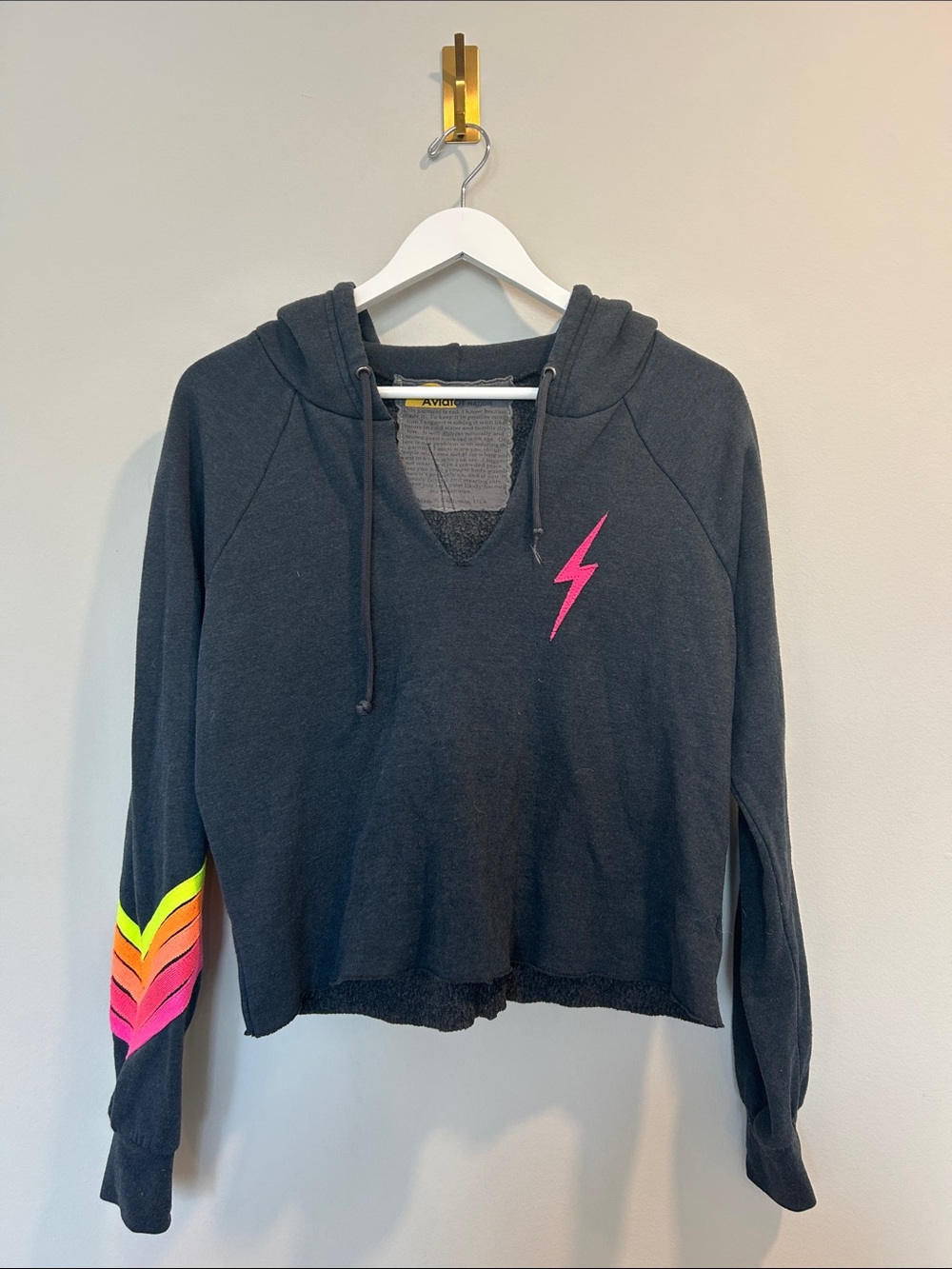 Aviator Nation Black Hoodie Sweater with Pink Lightning & Neon Chevron Sleeves